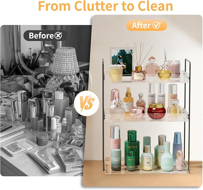 Bathroom Countertop Organizer, 3 Tier Metal Vanity Counter Skincare Shelf, Matte Black Under Sink with Acrylic Tray, Home Storage Holder for Makeup Cosmetics Perfume Spice,Black+Clear