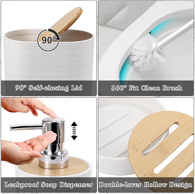 White Bathroom Set, White Bathroom Accessories Set with Trash Can, 2PCS Soap Dispensers, Soap Dish, Toothbrush Holder, Toothbrush Cup,Toilet Brush, Tray and Qtip Holders for Bathroom Decor