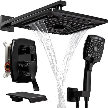 ELLO&ALLO Matte Black Tub Shower Faucet Set with Valve and Trim Kit, Rainfall Waterfall Shower Head with Handheld Combo