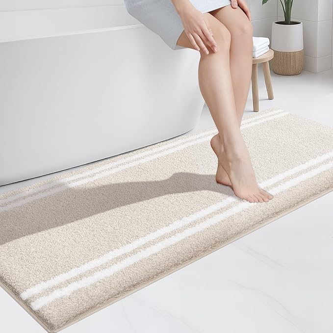 PURRUGS Bathroom Rug Non-Slip Machine Washable 24" x 60", Super Absorbent and Quick Dry Shaggy Microfiber Bath Mat, Extra Soft and Plush Bath Rug for Bathtub, Shower and Sink, Beige