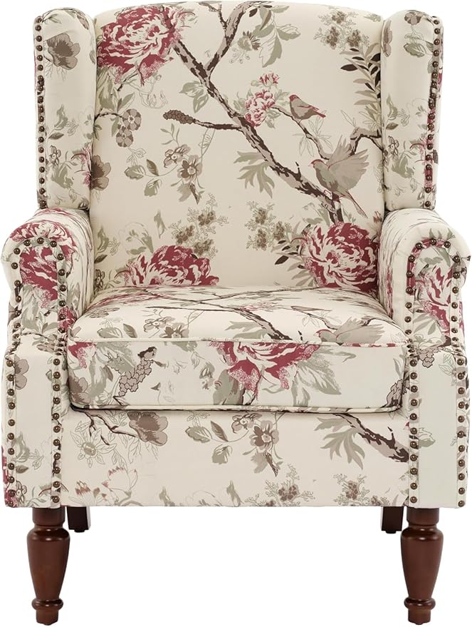UIXE High Back Accent Chair, Fabric Upholstered Armchair for Living Room, Retro Wingback Arm Chair with Solid Wood Legs, Nailhead Trim Single Sofa Bedroom Reading Seat - Beige Floral