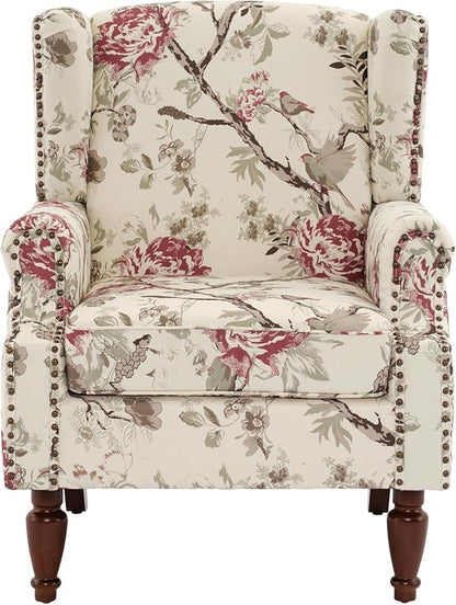 UIXE High Back Accent Chair, Fabric Upholstered Armchair for Living Room, Retro Wingback Arm Chair with Solid Wood Legs, Nailhead Trim Single Sofa Bedroom Reading Seat - Beige Floral