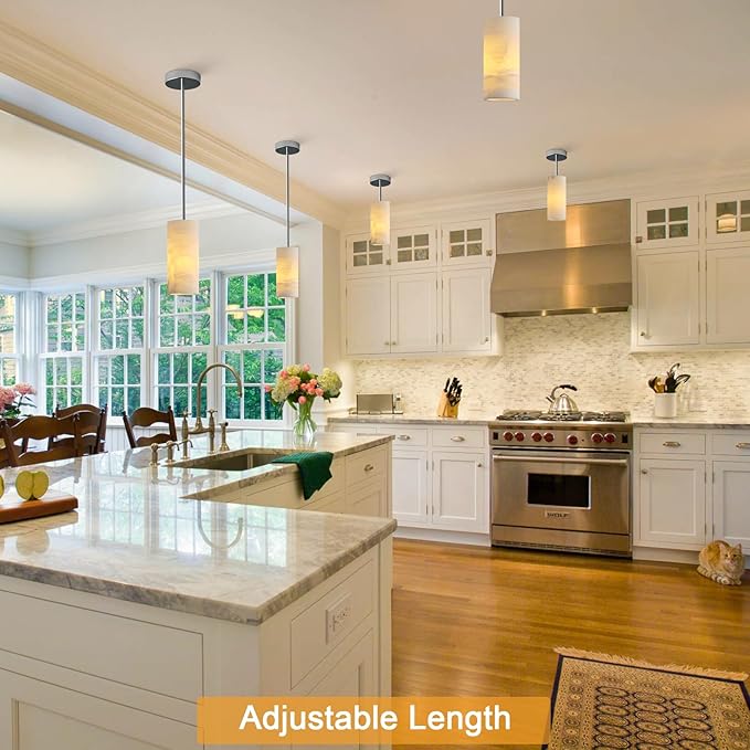 Alabaster Pendant Lights Kitchen Island, Nickel Hand Carved Alabaster Cylinder Pendent, Spanish Natural Marble Light Pendant for Bedroom Bathroom Dining Room Living Room- 3 PC