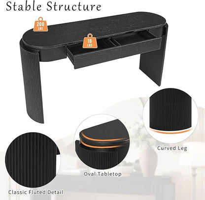 55" Sofa Table with Oval Top and 2 Drawers, Entryway Console Table with Fluted Design for Hallway,Foyer,Entry and Living Room (Fully Assembled-Black)