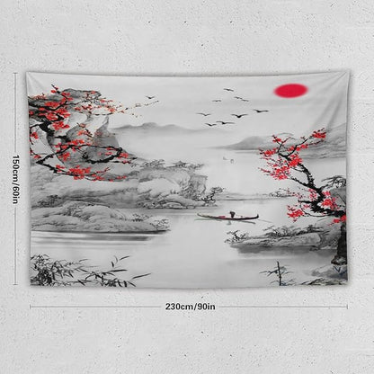 Cherry Blossoms Tapestry, Japanese Red Landscape Watercolor Abstract Art, Asian Japanese Wall Tapestry, Nature Landscape Tapestries for Bedroom Living Room Decor 90"x60"