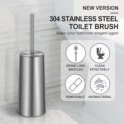 Toilet Brush and Holder, 2 Pack Toilet Brush with 304 Stainless Steel Long Handle, Toilet Bowl Brush for Bathroom Toilet-Ergonomic, Elegant,Durable (Silver)