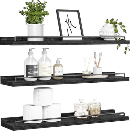 32 inches Long Floating Shelves, Bathroom Decor Shelves Over Toilet, Farmhouse Wall Shelves for Living Room, Bedroom, Picture Frames, Plants, Kitchen, Set of 3 (Black)