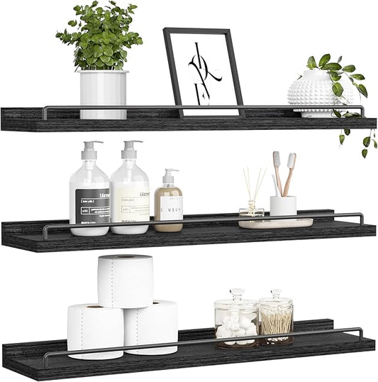 32 inches Long Floating Shelves, Bathroom Decor Shelves Over Toilet, Farmhouse Wall Shelves for Living Room, Bedroom, Picture Frames, Plants, Kitchen, Set of 3 (Black)