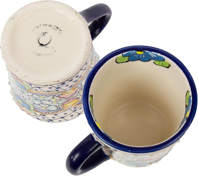 Encantada Handmade Hand-Painted Authentic Mexican Pottery Mugs (Multi Blue Green)