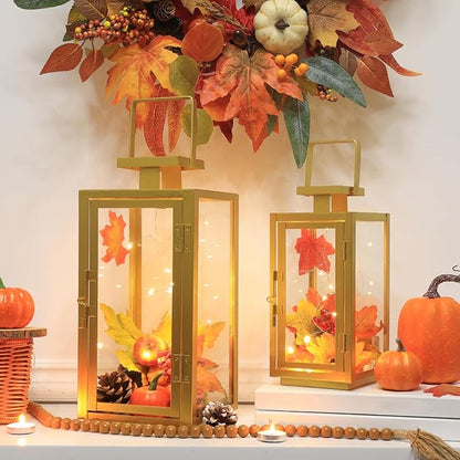DECORKEY Fall Christmas Golden Decorations for Home, 17''&13'' Metal Candle Lanterns Decorative Outdoor&Indoor, Modern Hanging/Tabletop Candle Holders for Porch Patio Wedding Decor