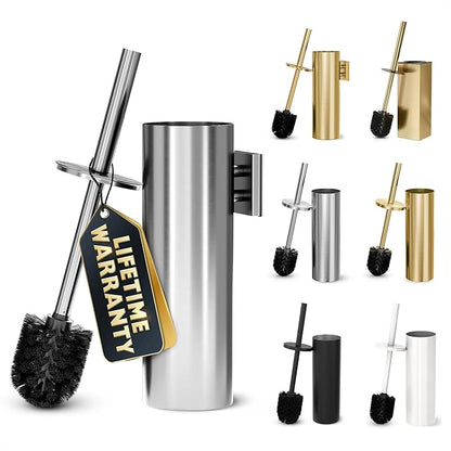 Silver Modern Toilet Brush and Holder Set with Wall Mount - Stainless Steel Toilet Brush with Holder - Removable Inner Bowl, Shiny Design, Splash Protection & Dense Bristles for Bathroom Cleaning