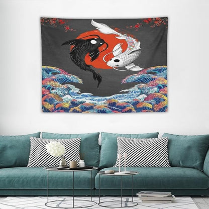 Houselerax Japanese Koi Fish Tapestries, Yin Yang Big Wave Cherry Blossom Tapestry Wall Hanging for Bedroom Living Room Office Decor 40"x30"
