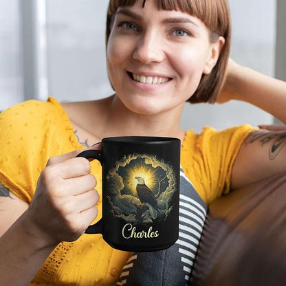 Custom Name Coffee Mug 11oz or 15oz, Unique Wildlife Art Black Cup, Personalized Eagle Ceramic Mug for Animal Lovers, Inspirational Coffee Cup with Nature Scene, Gifts for Friends