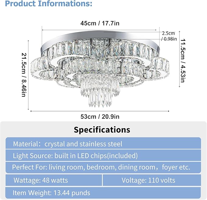 21 Inch Crystal Chandelier LED Flush Mount Ceiling Light Fixtures Luxury Chandeliers for Living Room Bathroom Bedroom Entrance Dining Room(Cool White)