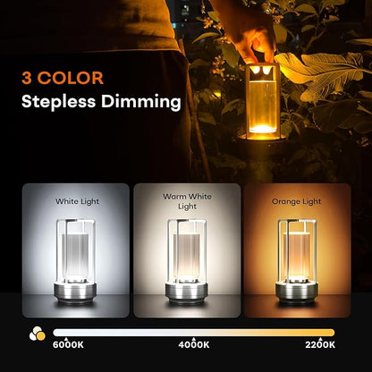 Portable Metal Table Lamp for Indoor/Outdoor ,Rechargeable Cordless LED Lamp, 3-Colour Infinitely Dimming Battery Powered Small Desk Lamp, Restaurant/Bedroom/Bar/Coffee/Camping Light (Sliver Set of 2)