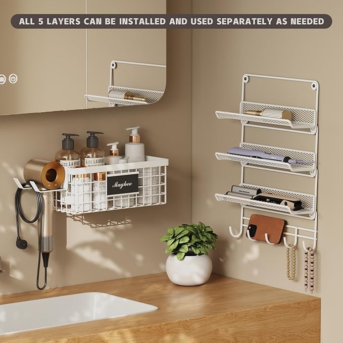 Hair Dryer Holder Wall Mounted, Adheisve Hair Styling Tool Organizer for hair Brush/Appliance Wall Mount with 5 Tier Shelf Basket Hooks Blow Dryer and Straightener Holder for Bathroom(White)