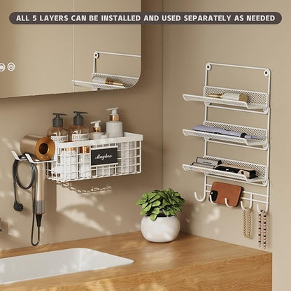 Hair Dryer Holder Wall Mounted, Adheisve Hair Styling Tool Organizer for hair Brush/Appliance Wall Mount with 5 Tier Shelf Basket Hooks Blow Dryer and Straightener Holder for Bathroom(White)