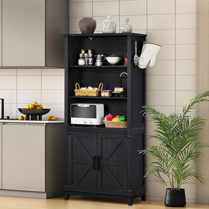 70in Tall Bookshelf 5 Tier Bookcase with Barn Doors and Adjustable Shelves, Black Farmhouse Book Shelf with Storage Cabinet, Wood Freestanding Display Bookshelves for Bedroom, Living Room