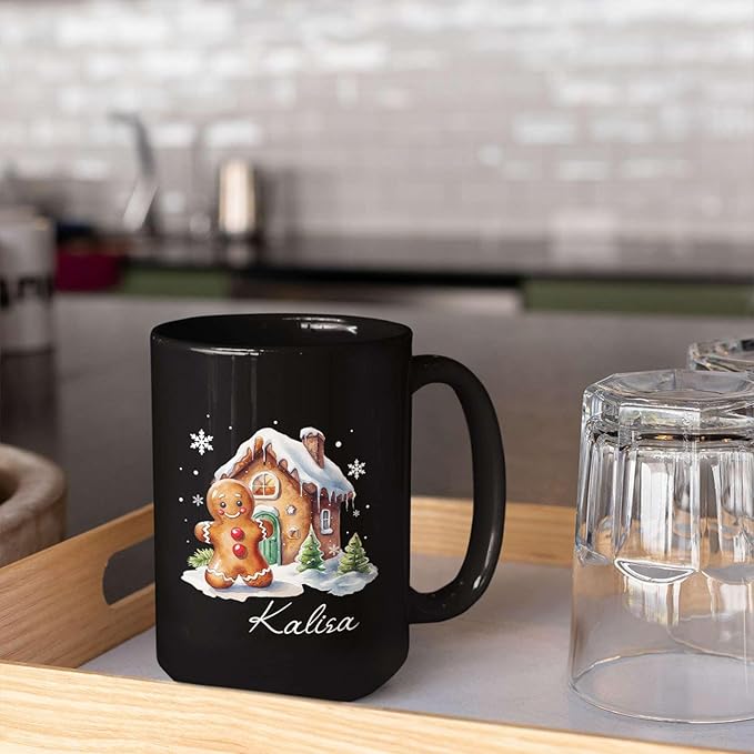 Personalized Christmas Gingerbread Black Cup, Christmas Gingerbread House Design Mug, Customized Name Christmas Coffee Cup 11oz 15oz, Custom Xmas Themed Ceramic Mug, Gift For Son Daughter