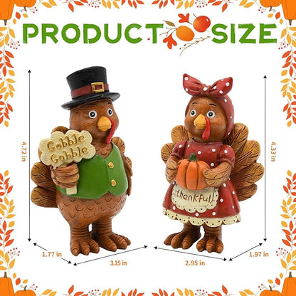 Thanksgiving Turkey Decor - 2Packs Resin Turkey Couple Standing Figurines Thanksgiving Decorations- Fall Decor Indoor for Tables Centerpieces Harvest Farmhouse Kitchen