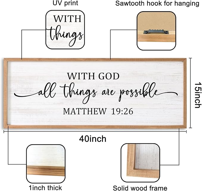 With God All Things are Possible Framed Wall Art, 40''×15'' Positive Religious Rustic Bible Verse for Christian God Jesus Christ Prayer, Vintage Horizontal Holy Inspirational Catholic Scripture Decor