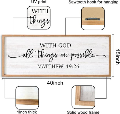 With God All Things are Possible Framed Wall Art, 40''×15'' Positive Religious Rustic Bible Verse for Christian God Jesus Christ Prayer, Vintage Horizontal Holy Inspirational Catholic Scripture Decor