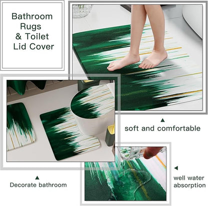 32PCS Bathroom Sets with Shower Curtain and Rugs-Dark Green Bathroom Accessories,Non Slip Bathroom Rugs Set with Toilet Lid Cover, Waterproof Shower Curtain, 3PC Soap Dispenser with Trash Can