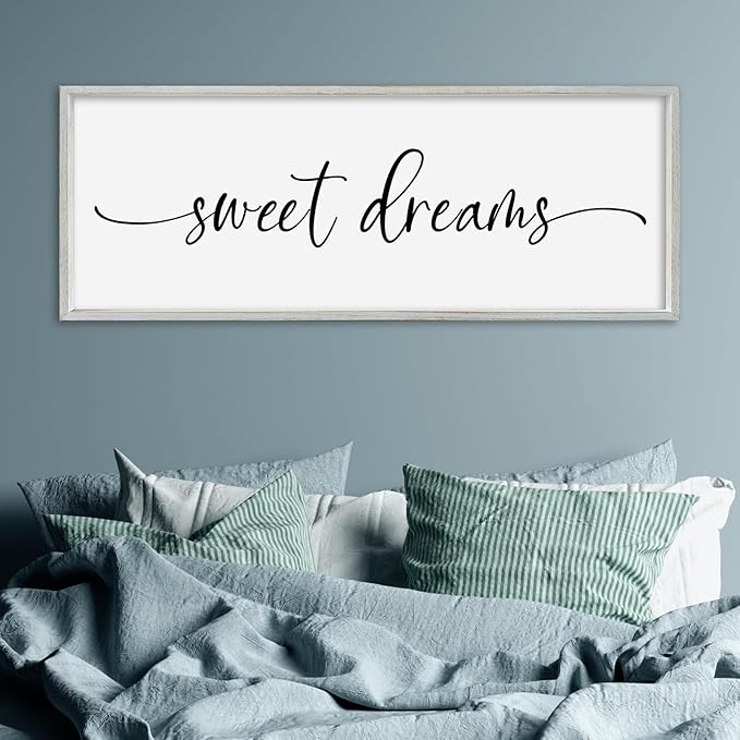 SRSZHIYUE Sweet Dreams Above Bed Wall Decor, 32"x12" Large Rustic Master Bedroom Over Bed Sign Guest Room Couples Wood Framed Farmhouse Horizontal Hanging Decoration (White)