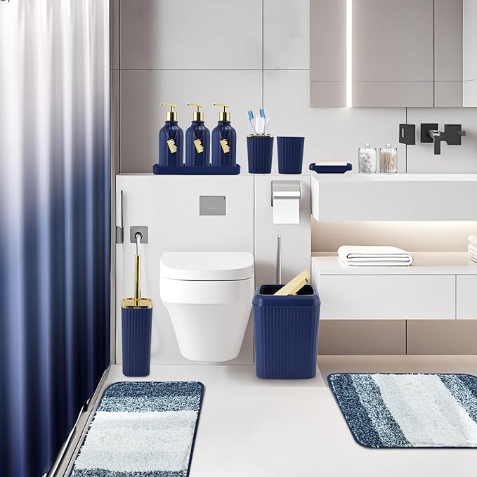 32PCS Bathroom Set Bathroom Sets with Shower Curtain and Rugs Navy Blue Bathroom Accessories,Shower Curtain Set,Bathroom Rug Set with Bathroom Trash Can