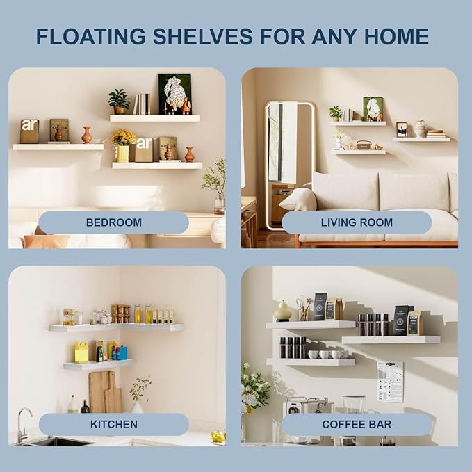 White Shelves for Wall Floating Shelves Bathroom, Bedroom and Living Room, Wall Shelves & Book Shelf for Room, Hanging Shelf, Modern Wooden Mounted Floating Shelf, 12x7x1.5 in, Set of 2