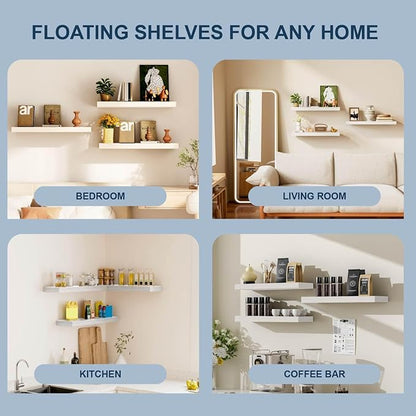 White Shelves for Wall Floating Shelves Bathroom, Bedroom and Living Room, Wall Shelves & Book Shelf for Room, Hanging Shelf, Modern Wooden Mounted Floating Shelf, 12x7x1.5 in, Set of 2