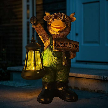 Solar Garden Decor Statues: Handmade Resin Statue with LED Light,Highland Cow Figurine Outdoor Garden Decor Unique Gifts for Women, Mom, Grandma (Green cow1)