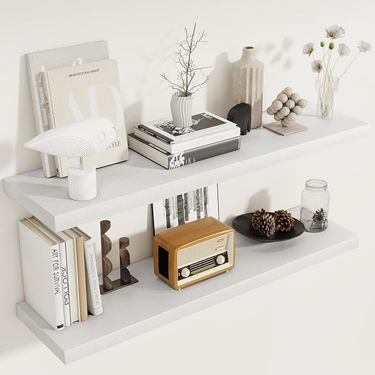40 Inch Floating Shelves Set of 2, 8 Inch Deep Wall Shelf, Rustic Wood Storage Shelves for Bedroom, Kitchen, Bathroom, Wall-Mounted Shelf with Invisible Brackets for Books|Storage, White