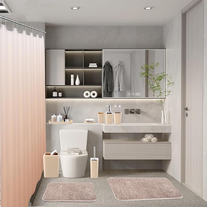 Bathroom Accessory Set–Bathroom Sets with Shower Curtain and Rugs, No Slip Bathroom Rugs Super Absorbent, Beige Ombre Water-proof Shower Curtain with Hooks, Pink Bathroom Sets Complete for Home