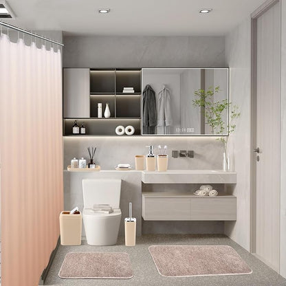 Bathroom Accessory Set–Bathroom Sets with Shower Curtain and Rugs, No Slip Bathroom Rugs Super Absorbent, Beige Ombre Water-proof Shower Curtain with Hooks, Pink Bathroom Sets Complete for Home