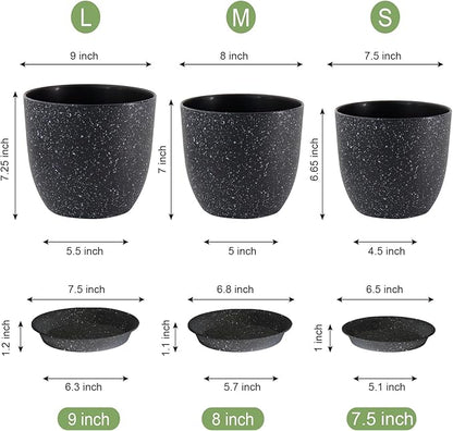 9/8/7.5 inch Plant Pots, Set of 3 Modern Decorative Plastic Planters with Drainage Holes and Saucer for Garden House Plants, Flower Pots for Indoor Outdoor Plants, Speckled Black