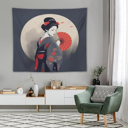 Japanese Woman Geisha Tapestry Asian Red Cherry Blossom Red Sun Traditional Kimono Folk Tapestries Home Decor for Living Room Bedroom Apartment Farmhouse Dorm 60"x50"