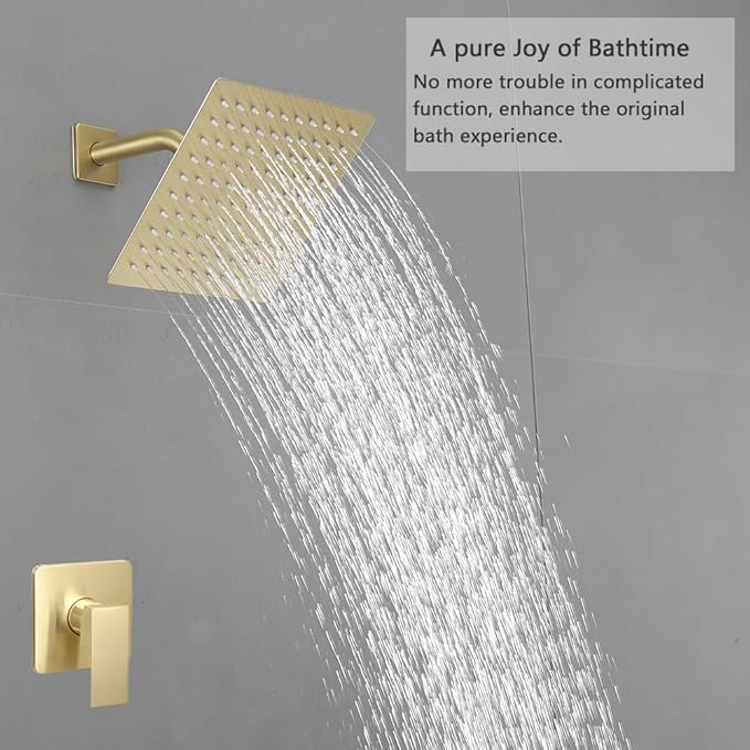 Brushed Gold Shower Faucet Set Bathroom Rainfall 8 Inch Shower Head System Single Handle Shower Trim Kit with Rough-in Valve