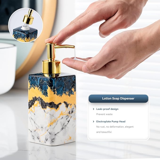 4 Piece Bathroom Accessories Set - Blue Bathroom Accessory Sets Includes Lotion Dispenser, Toothbrush Holder Tumbler, and Soap Dish - Glossy Finish (Marble, Blue)