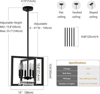 ANKYLHUA Small Black Chandelier,6-Lights Ceiling Light Fixture E12,Adjustable Hight Pendant Lights Kitchen Island,Chandeliers for Dining Room Bedroom,Entryway,Foyer