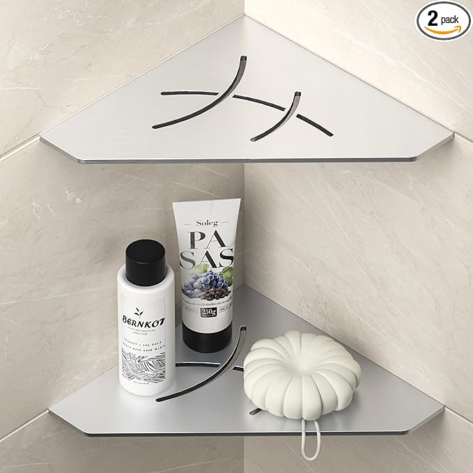 Corner Shower Shelf 10" Brushed 304 Stainless Steel Pentagonal Corner Shelves Recessed Bathroom Shower Shelf 2 Pack, No Drilling Needed