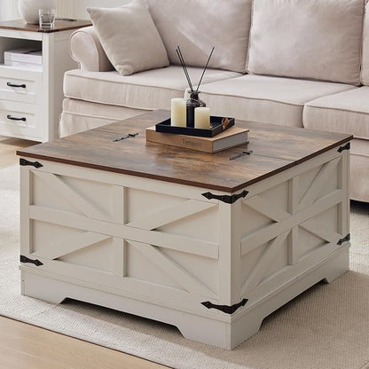 Coffee Table with Storage, Rustic White Square Coffee Tables for Living Room, Lift top Coffee Table with Large Hidden Compartment, Smart Cocktail Tables with Flip Top Lids for Home Office