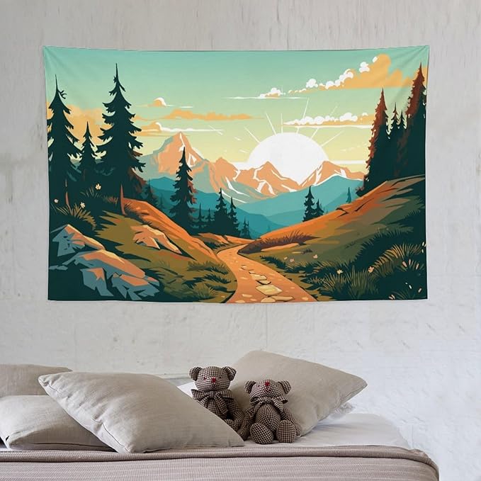 HZOHNAGO Mountain Tapestry Forest Mountain Sunrise Road Pattern Printed Wall Tapestry Wall Hanging for Bedroom Living Room Dorm 60" W x 40" H