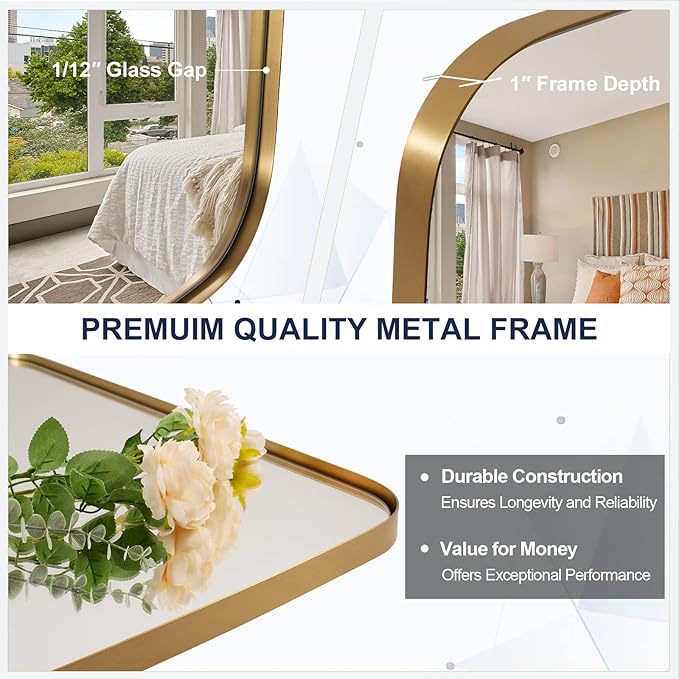 ANDY STAR Gold Bathroom Mirror, 20x30’’ Brushed Gold Vanity Mirror for Bathroom, Brushed Brass Oblong Stainless Steel Metal Frame Mirror for Over Sink