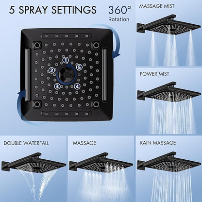 ELLO&ALLO Matte Black Tub Shower Faucet Set with Valve and Trim Kit, Rainfall Waterfall Shower Head with Handheld Combo