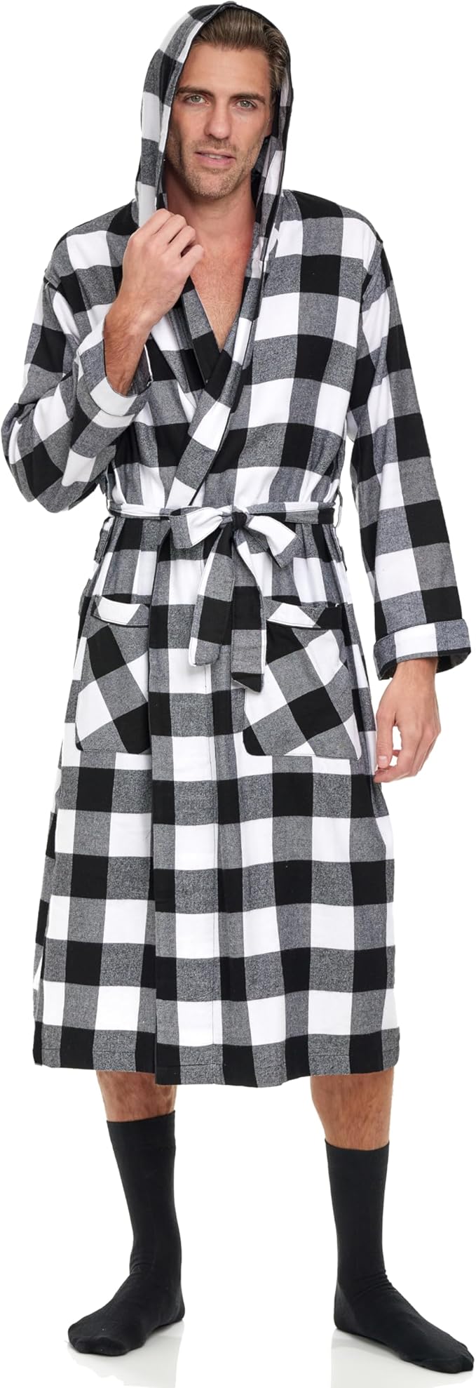 Andrew Scott Mens' Robe with Hoodie| Cotton Flannel Brush Plaid | All Season | Full Length House Robe