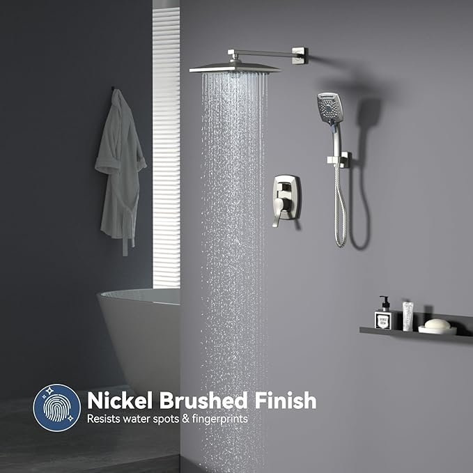 ELLO&ALLO Shower Faucet Set Mixing Valve and Trim Kit Brushed Nickel, Rainfall Waterfall Shower Head with Handheld Combo