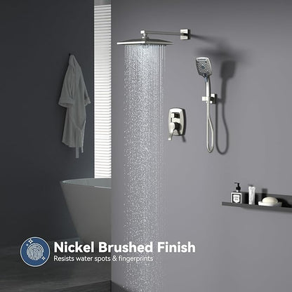 ELLO&ALLO Shower Faucet Set Mixing Valve and Trim Kit Brushed Nickel, Rainfall Waterfall Shower Head with Handheld Combo