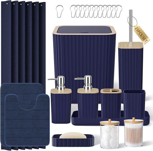 Bathroom Set - 25PC Blue Bathroom Set with Shower Curtain and Rugs, Bathroom Accessories Set, Blue Shower Curtain Set with Bathroom Trash Can