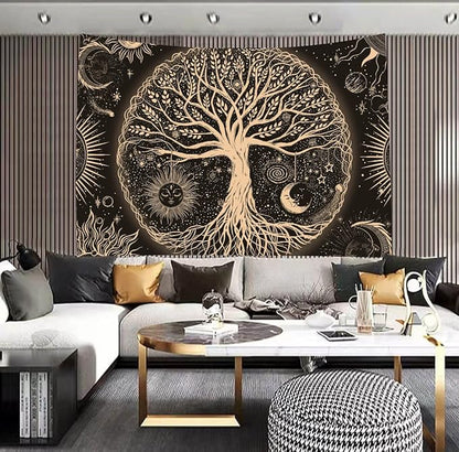 FORATER Tree of Life Tapestry Wall Hanging Sun Moon Stars Tapestries Aesthetic Galaxy Wall Tapestry Nature Home Decoration for Living Room Bedroom(61 x 82 Inch, Black and Gold)